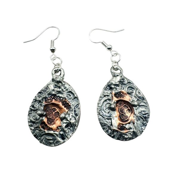 Handmade Jewelry - Artisan Mixed Metal Sugar Skull Earrings 925 Silver Hooks Silver Blend Metalwork